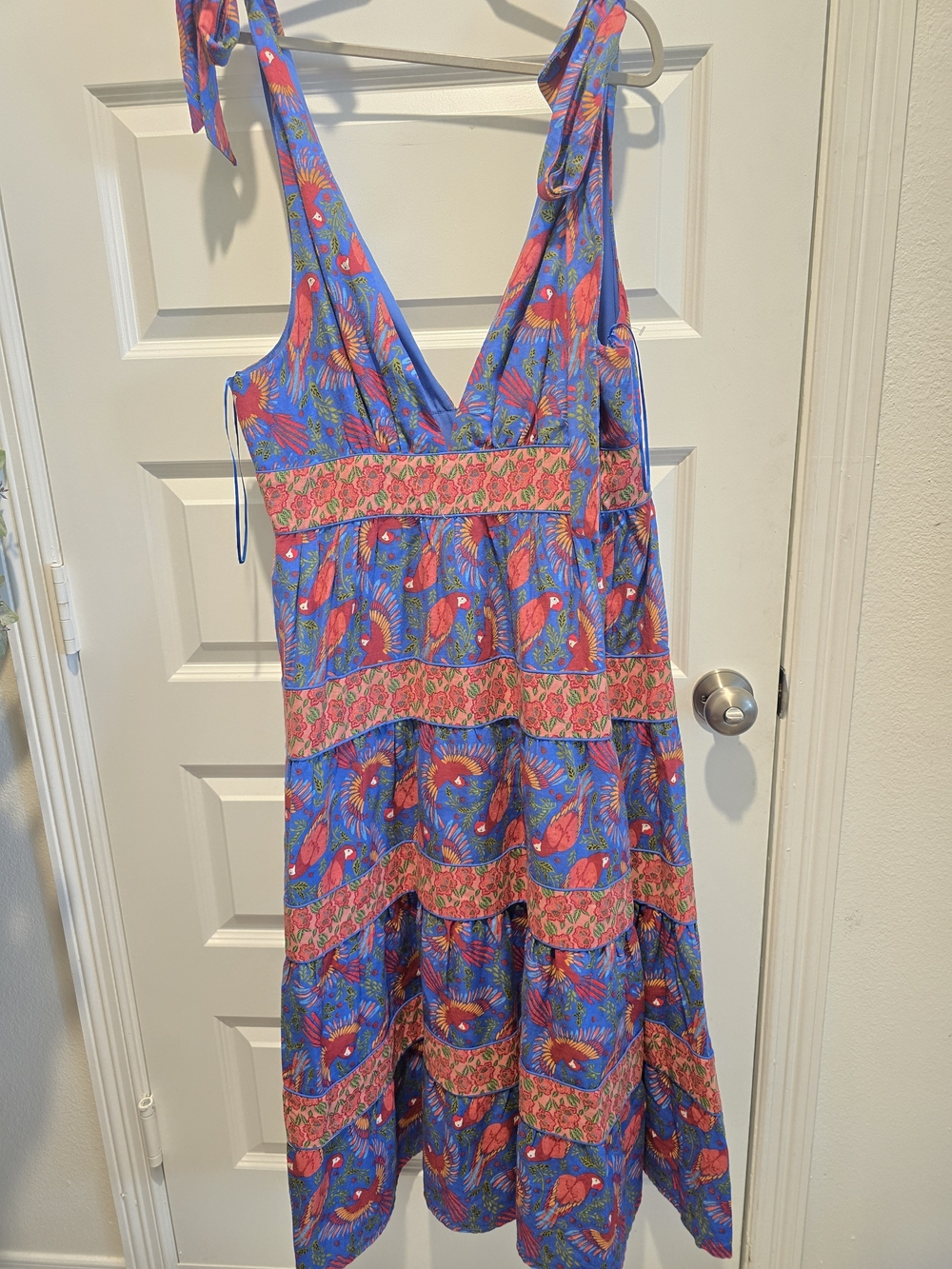 House of Harlow 1960 Blue & Coral Parrot Print Tie-Shoulder Midi Dress